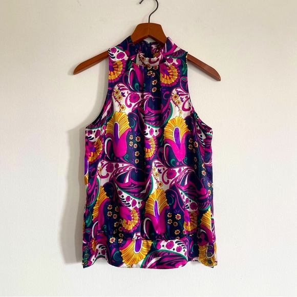 Vintage Floral and Paisley Print Sleeveless Mock Neck Silky Satin Blouse Medium - Picture 1 of 9